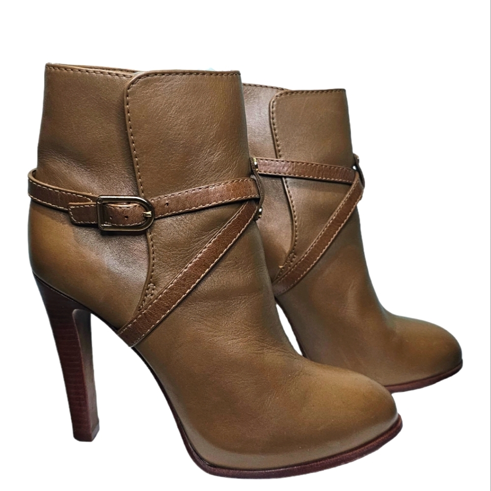 TORY BURCH Dorese Brown Leather Stacked Heel Ankle Buckle Booties sz 8.5
